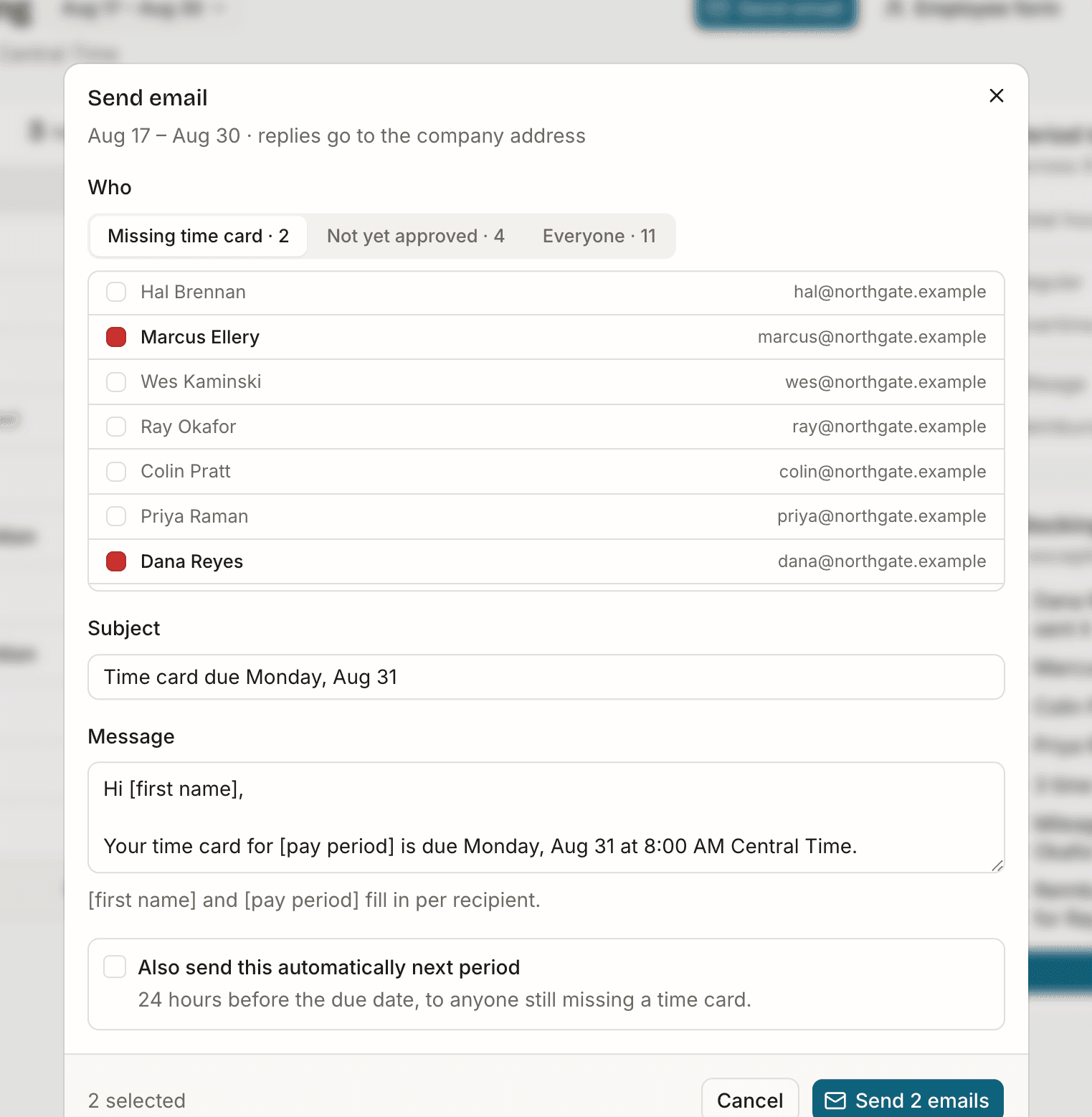 The reminder composer, with recipients filtered to the two people missing a time card