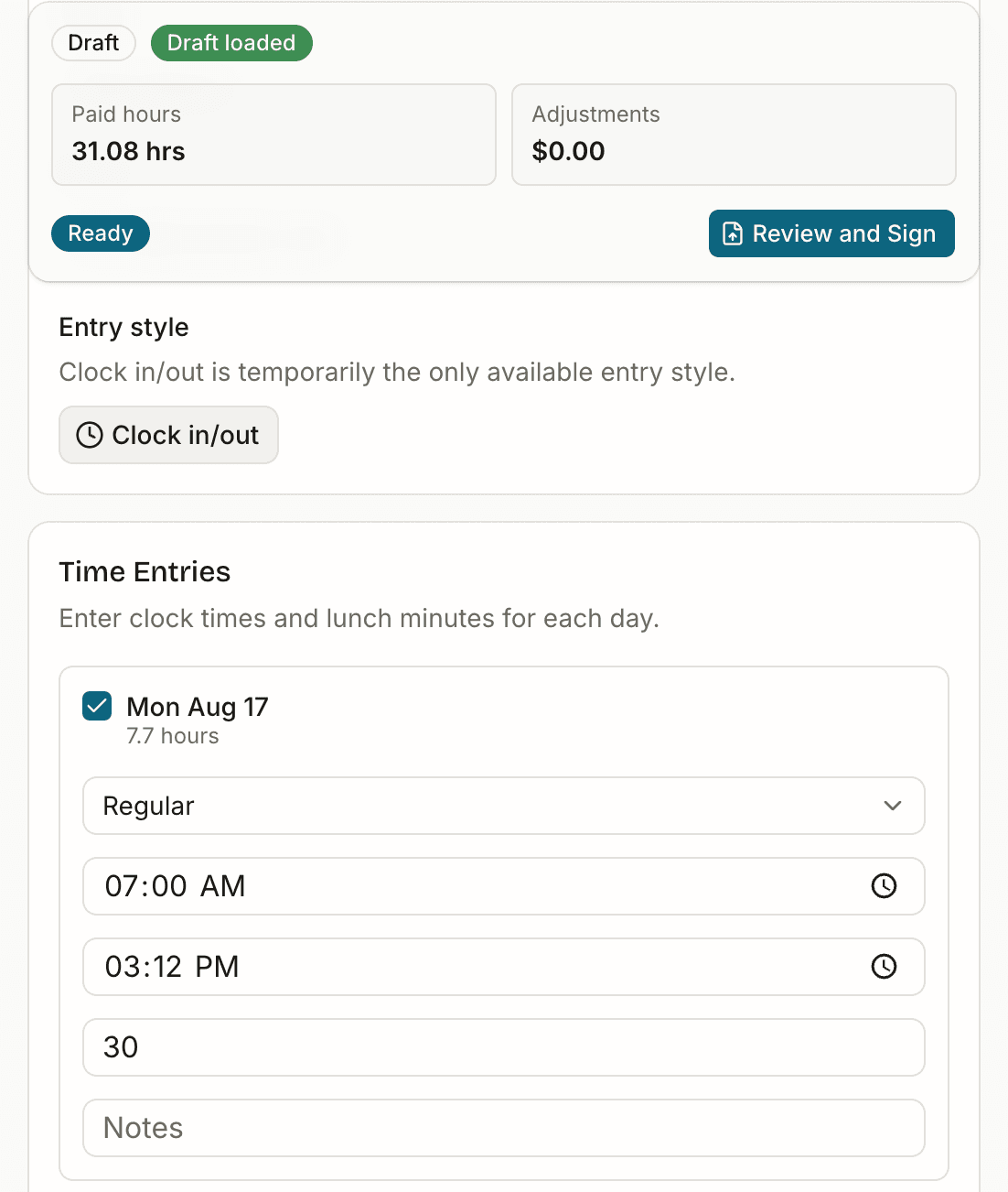 An employee's time card on a phone, showing the running hours total and a day filled in with clock times and lunch minutes